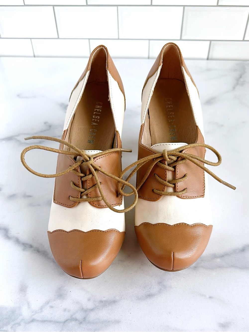 chelsea crew Two-Tone Lace-Up Heels in Cream and Tan - Picture 3 of 6